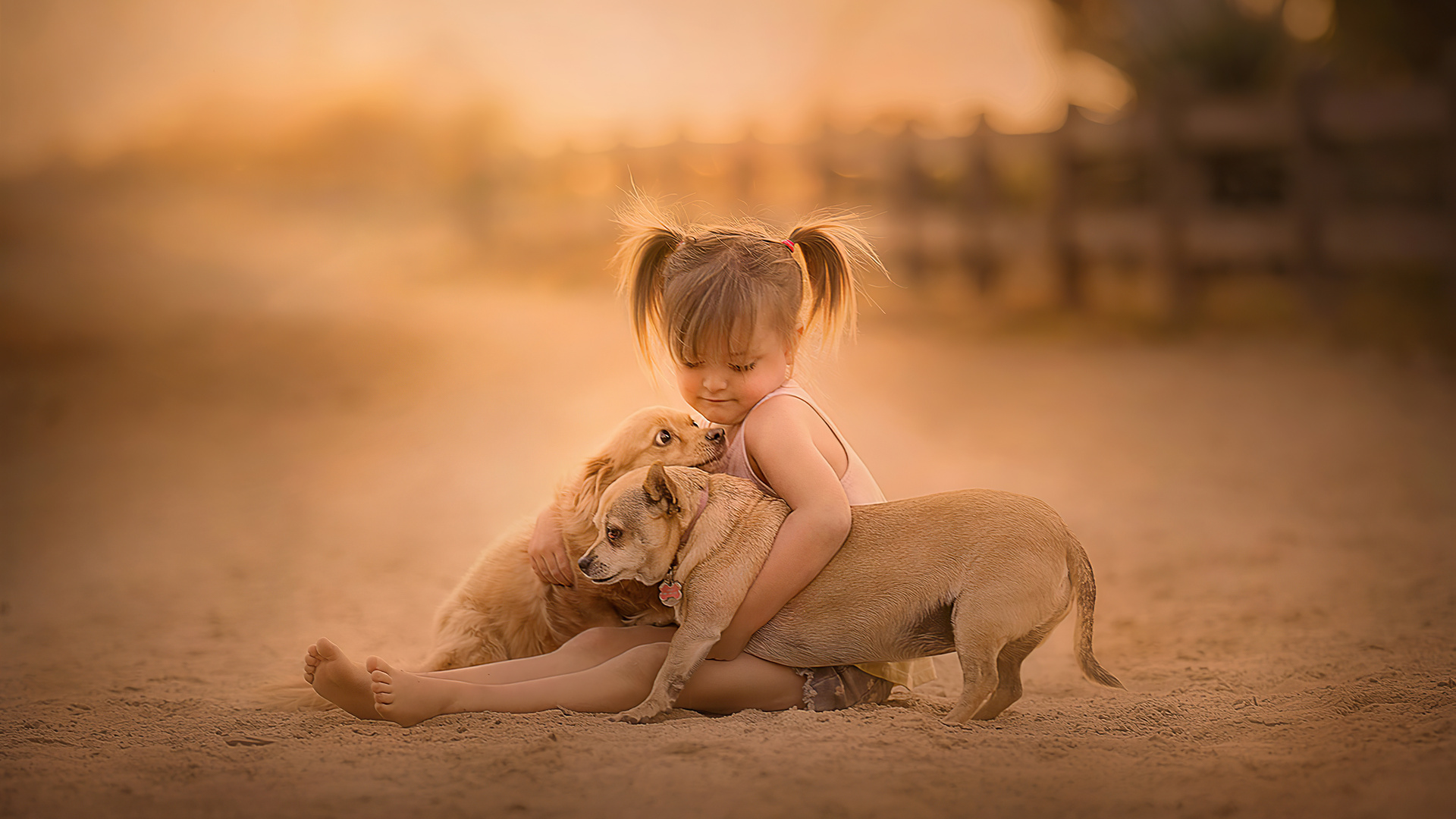 Little Girl With Cute Pups