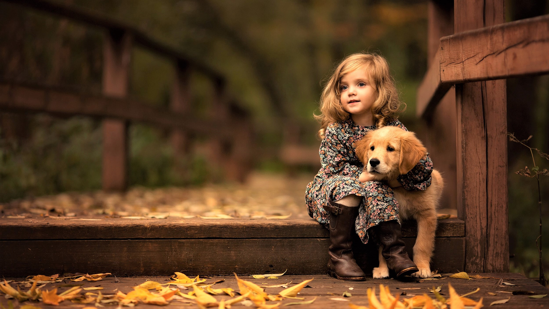Little Girl With Golden Retriever Puppy