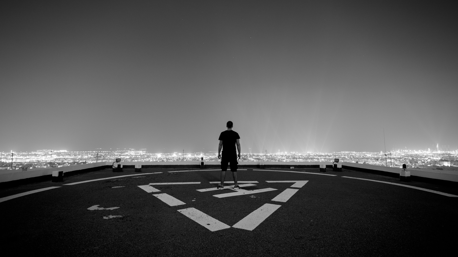 Man Standing Helipad Monochrome 5k