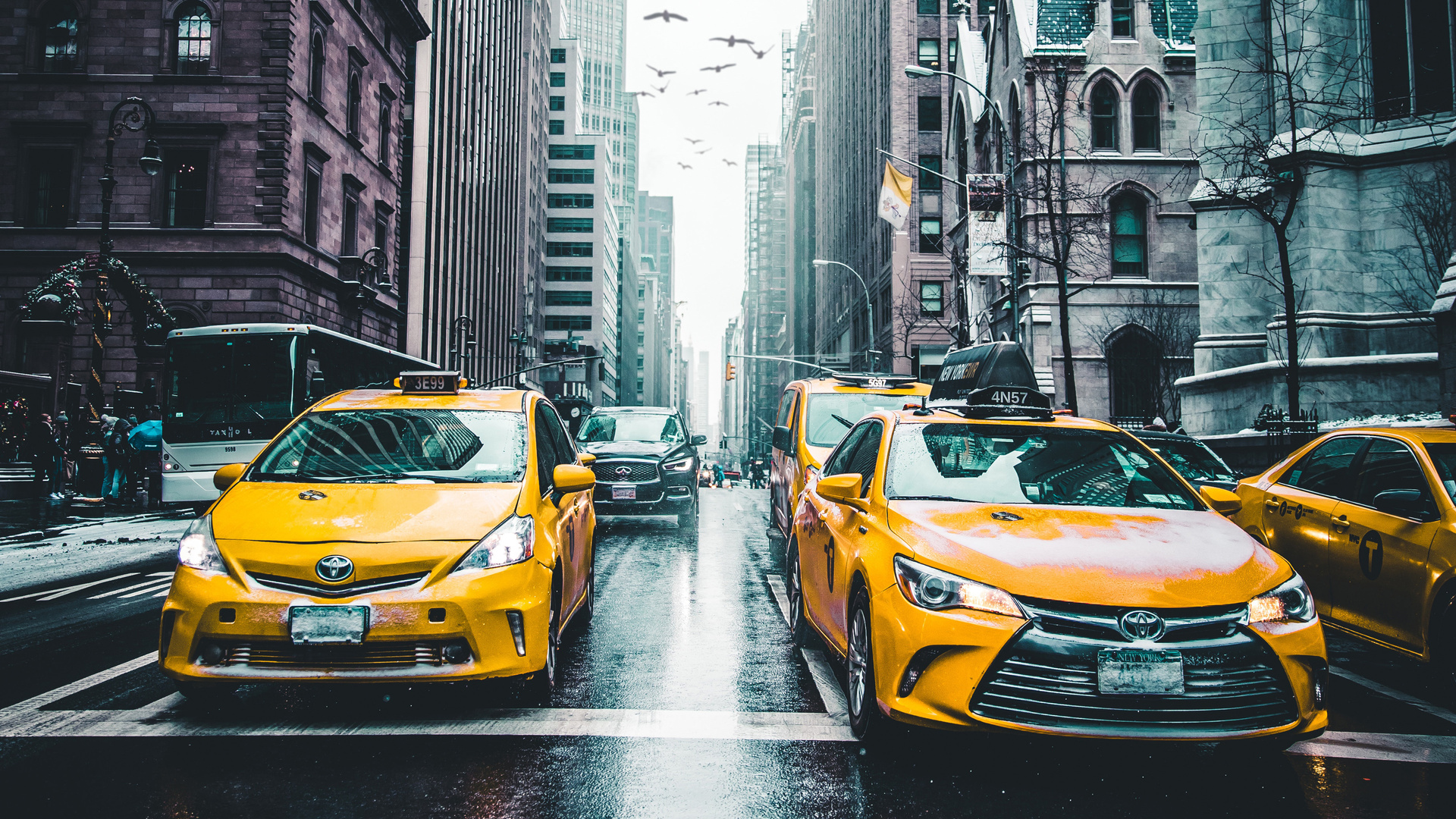 New York Taxi Wet Roads Tall Buildings 5k