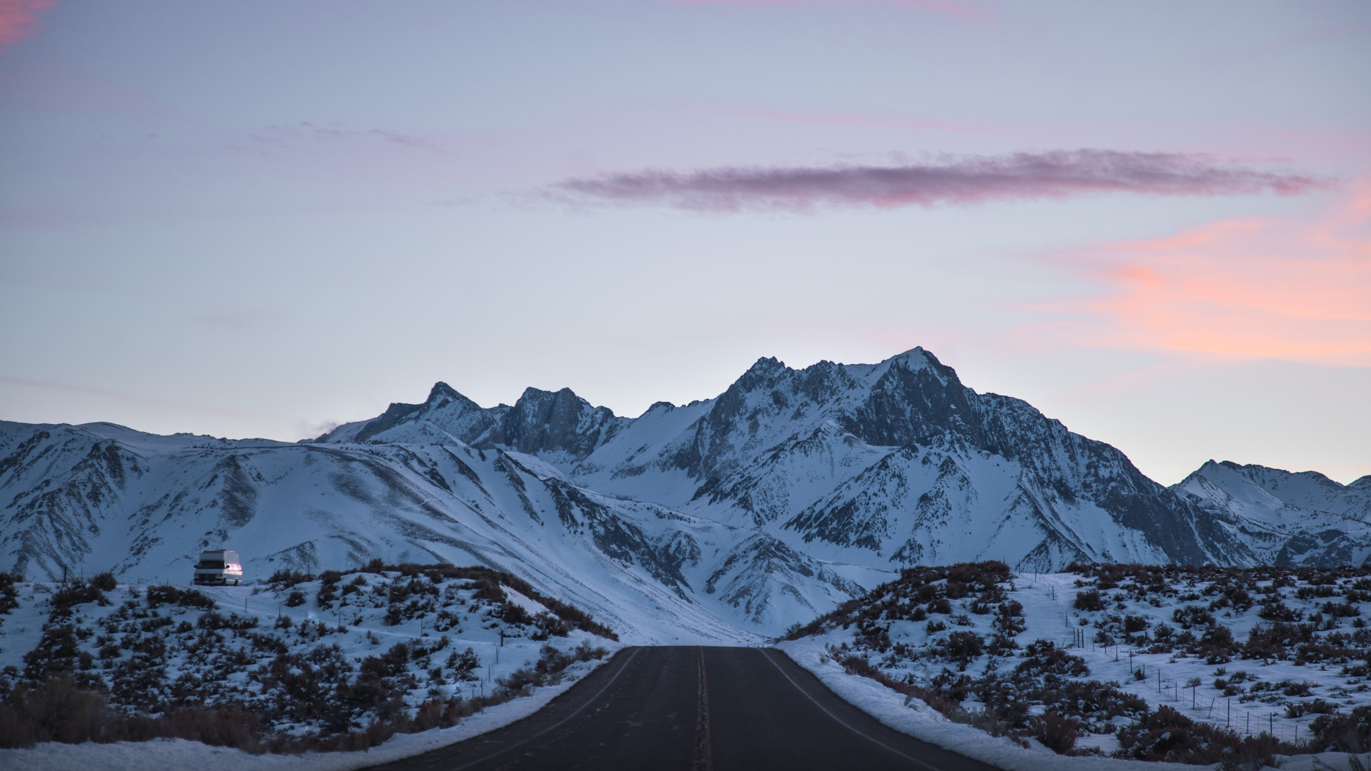 Road Outdoors Snowy Peak 8k