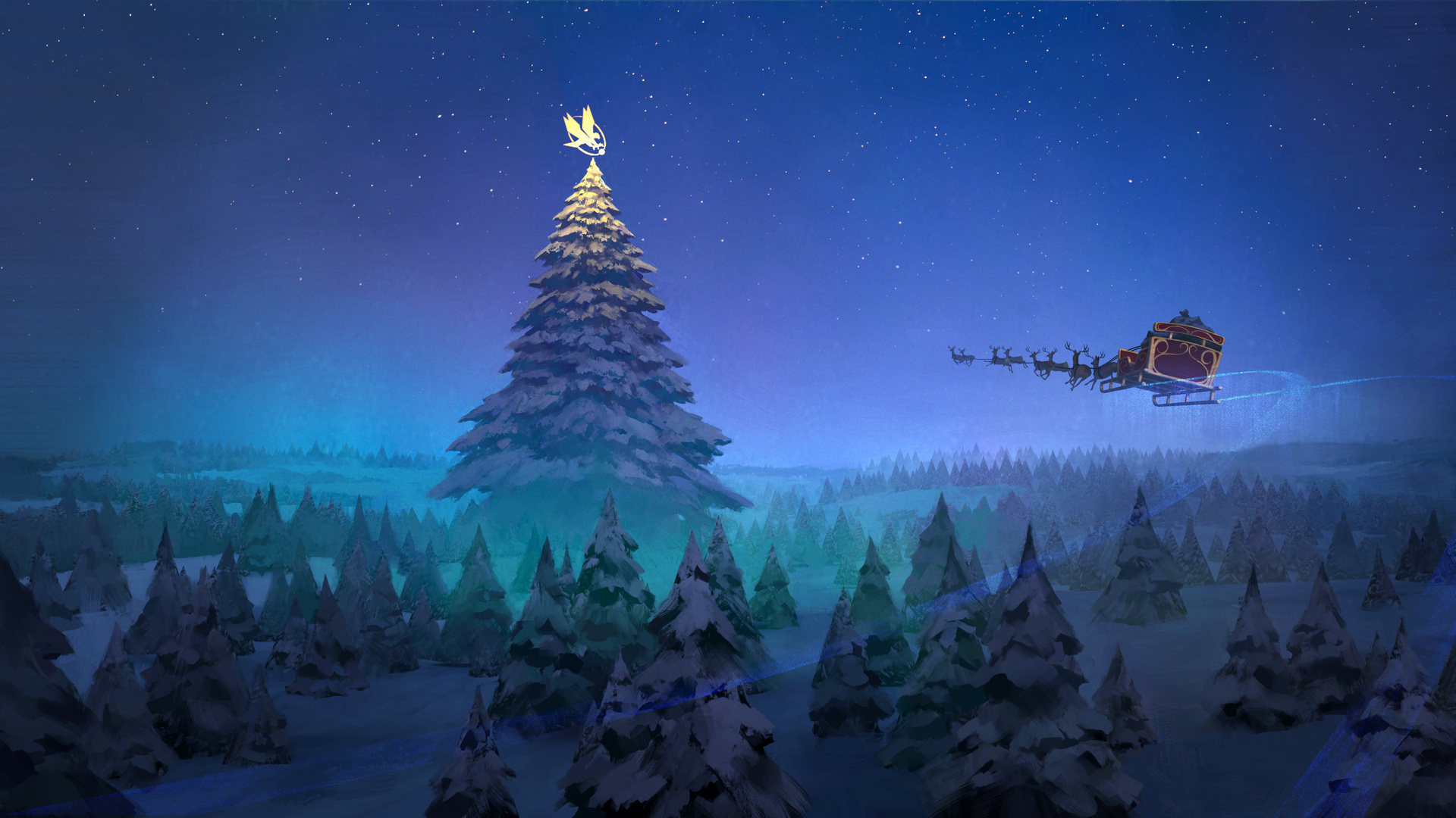 Santa Claus Reindeer Sleigh Flying Christmas Tree 8k