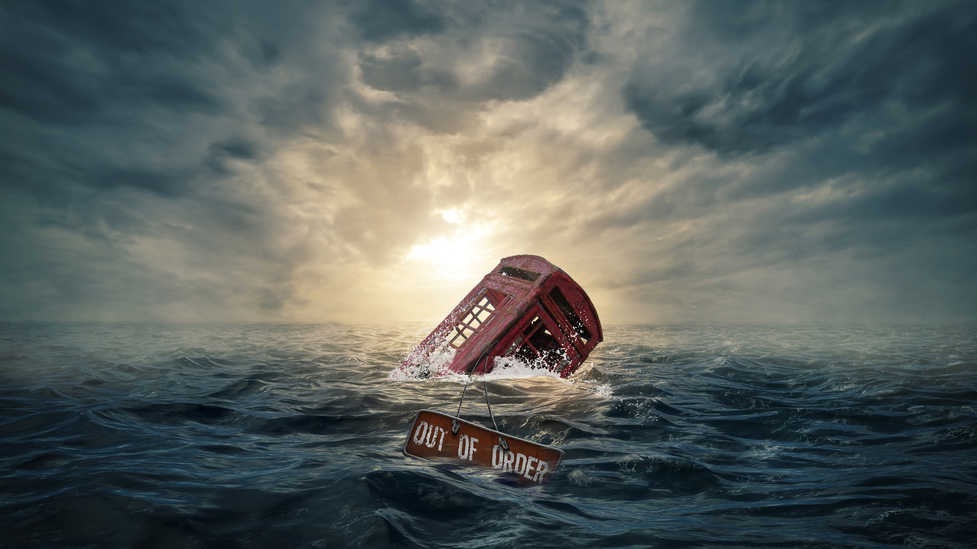 Telephone Booth Drowning In Sea Out Of Order