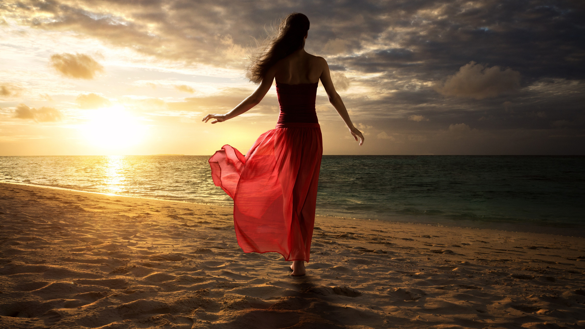 Women Beach Sand Walking Red Dress