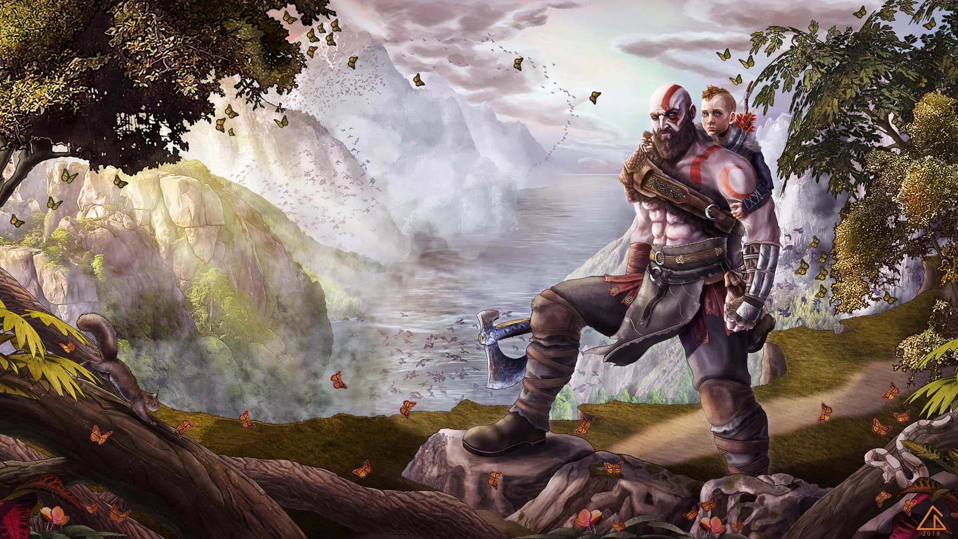 God Of War Atreus Kratos Fan Art Wallpaper