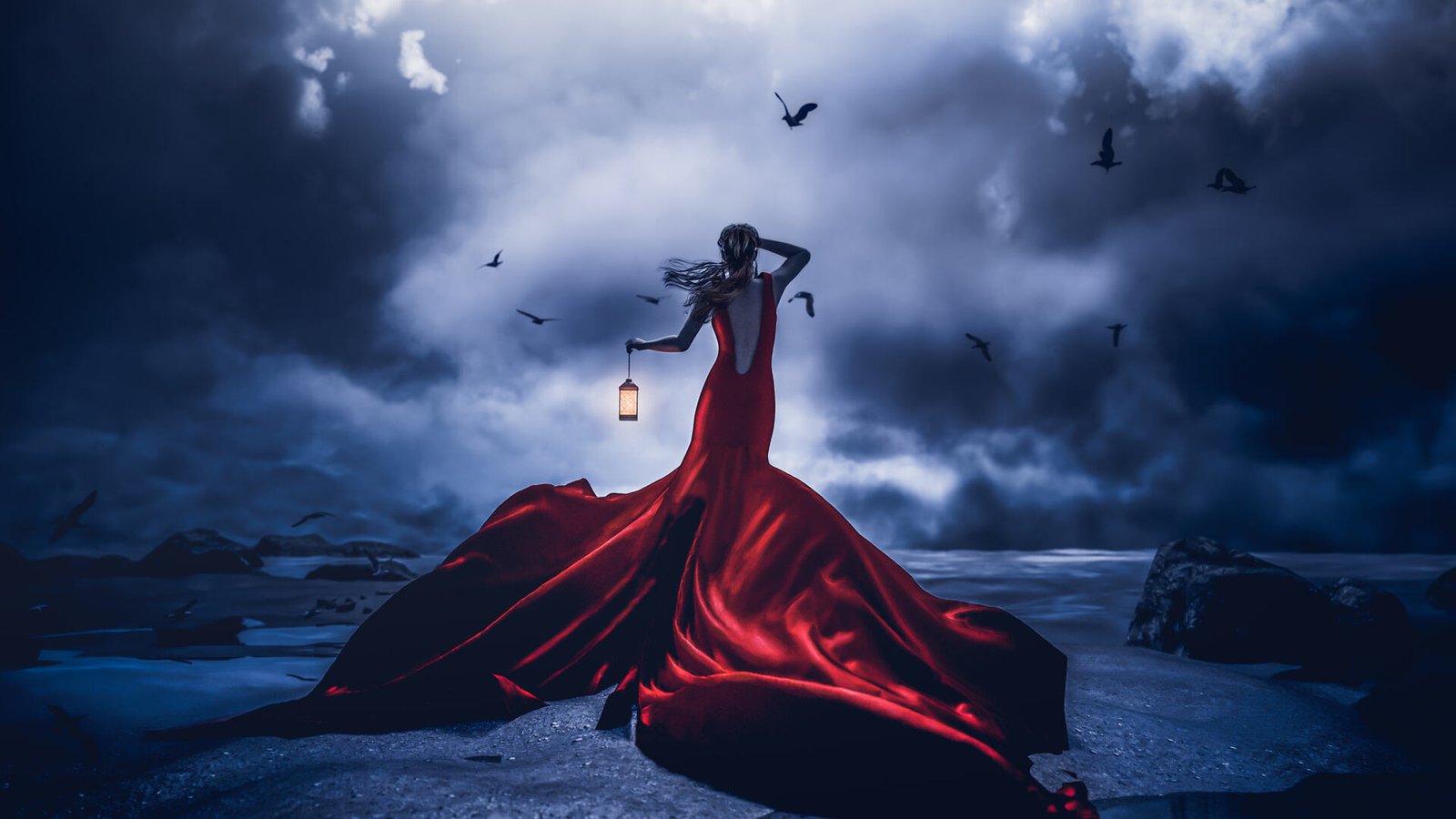 Lost In Night Girl Red Dress With Lantern Wallpaper