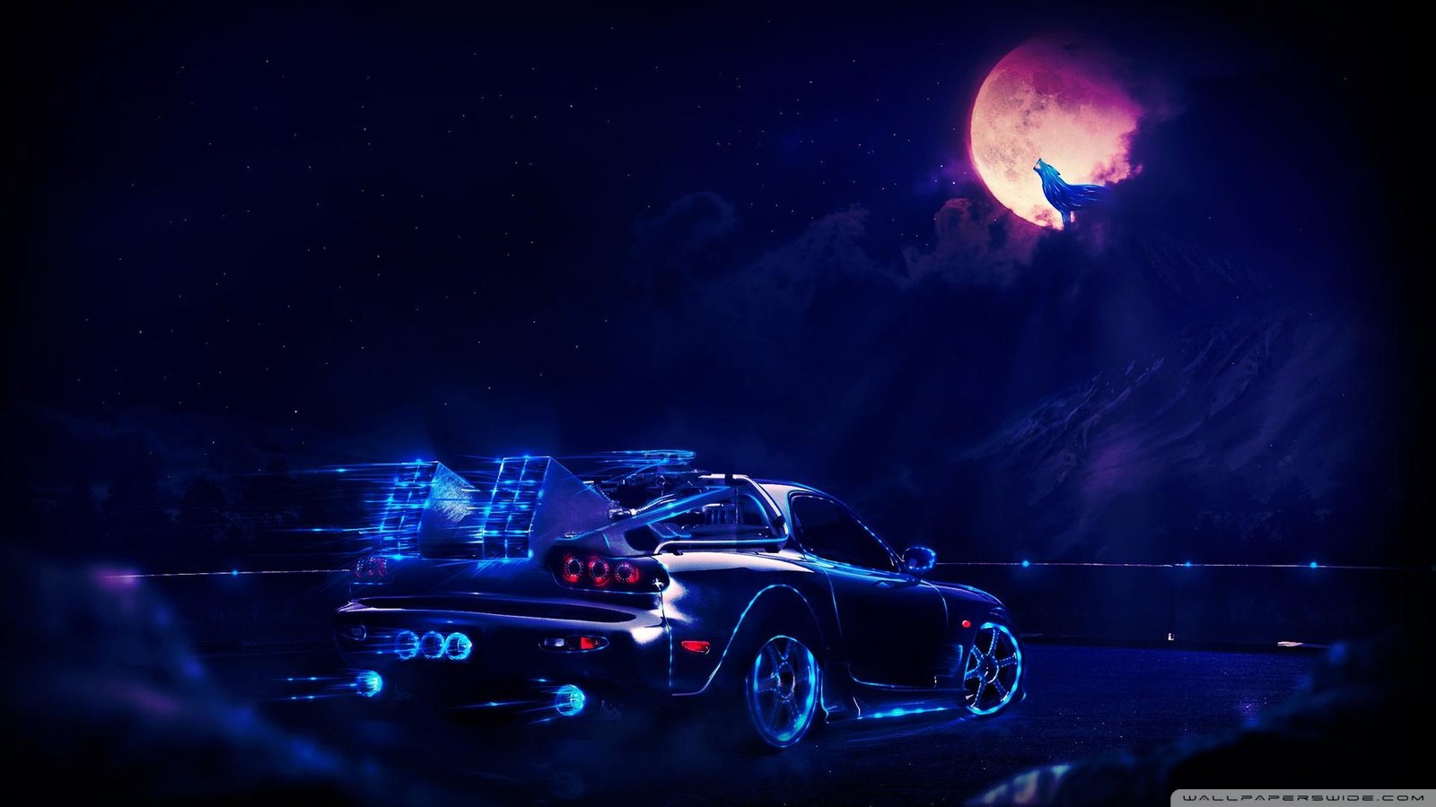 Neon Car Going To The Moon Wolf Wallpaper