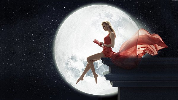 Fantasy Girl Sitting On Roof Reading Book Moon - hdwallpaper4k