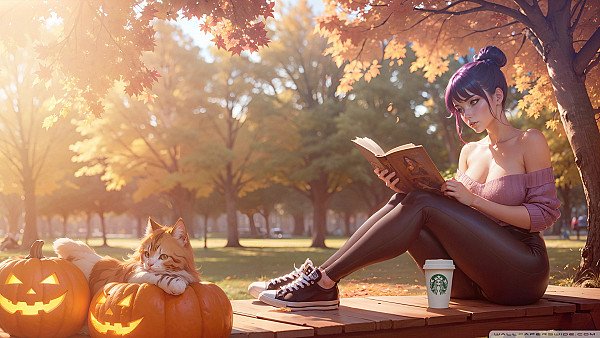 Girl Cat Halloween Anime Art - hdwallpaper4k