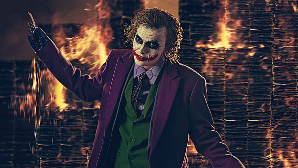 Heath Ledger Joker Cosplay Burning Buildings 4k - hdwallpaper4k