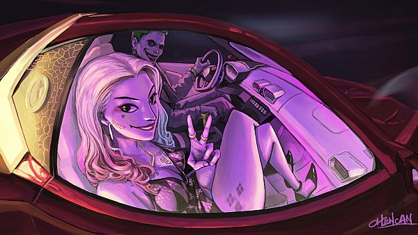 Joker And Harley Quinn In The Car Artwork 8k - hdwallpaper4k