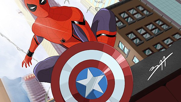 Spiderman With Captain America Shield Art - hdwallpaper4k