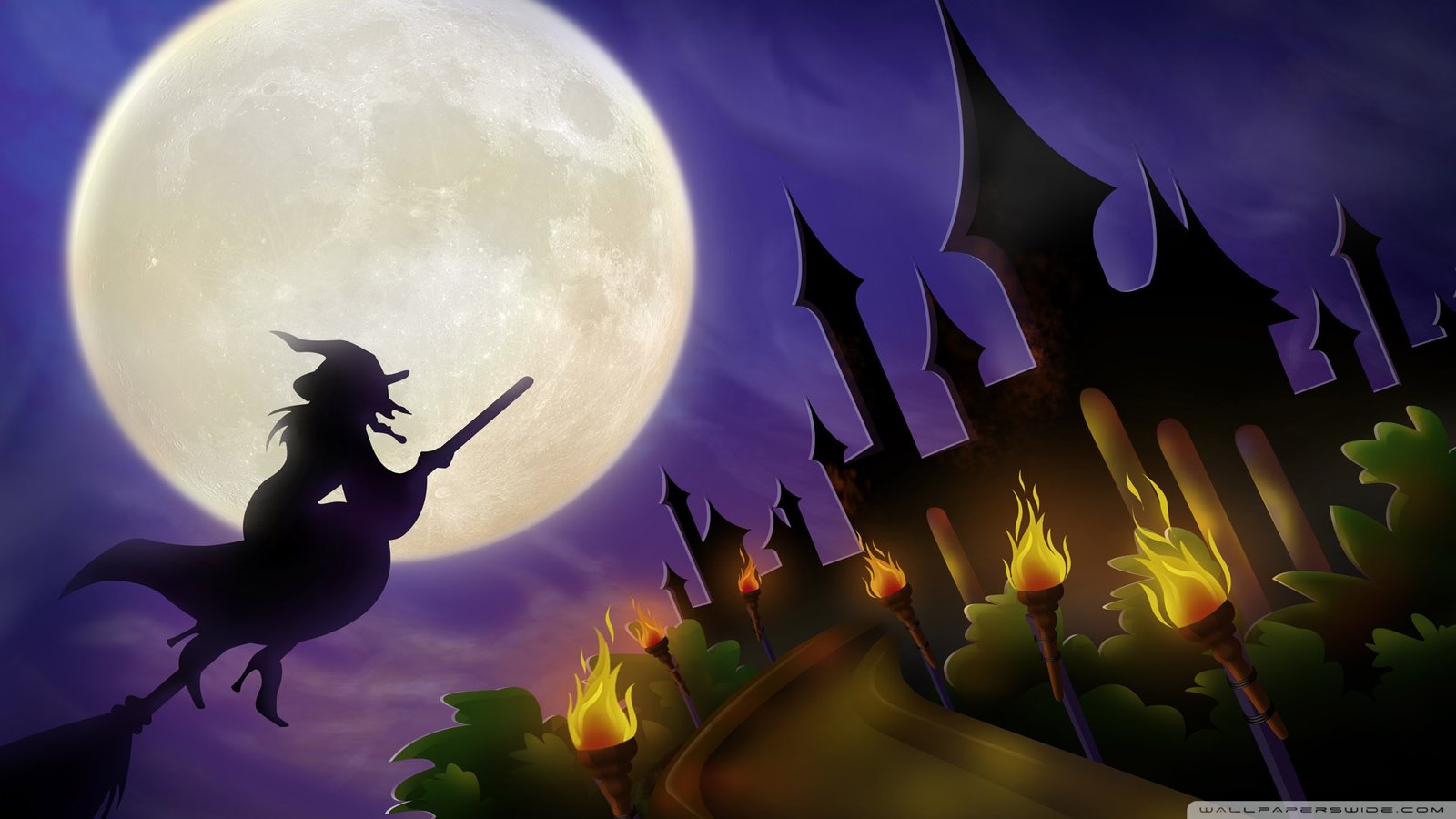 Witch On Broom Full Moon Wallpaper